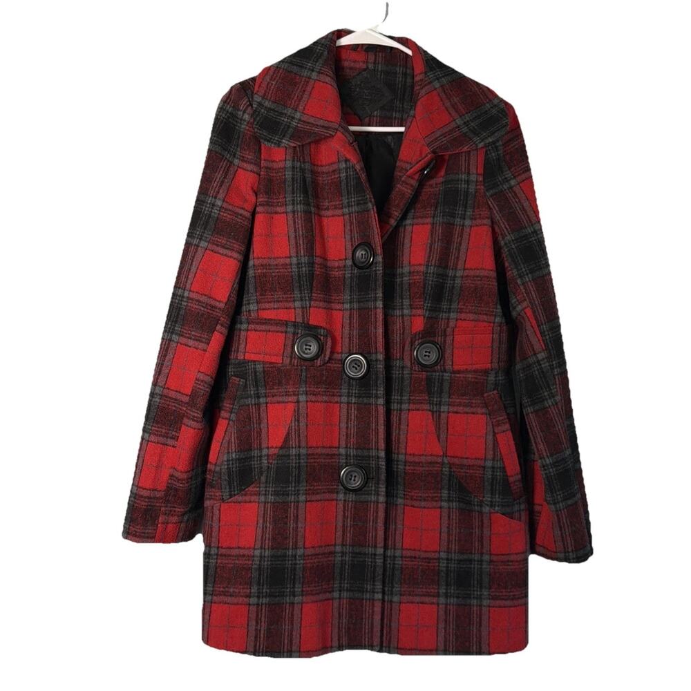 Joujou Coat Womens Large Red Peacoat Wool Blend Plaid Jacket Modern Black